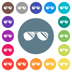 Aviator sunglasses with glosses flat white icons on round color backgrounds