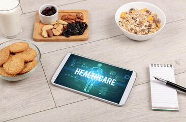 Tablet Pc with fruits, medical concept