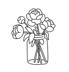 A bouquet of peonies in a glass jar. Elegant flower emblem, botanical logo, sign, outline icon, simple linear vector illustration. Minimal design.