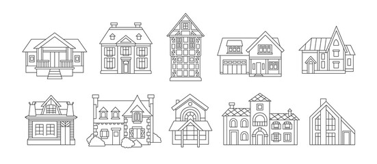 Set of various outline houses with different facades. Logo, symbols and emblems for real estate, construction company, design interior studio, home decor. Vector illustrations.