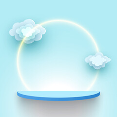 Exhibition stand with clouds. Blue products display platform. Blank pedestal. Shelf. Vector illustration.