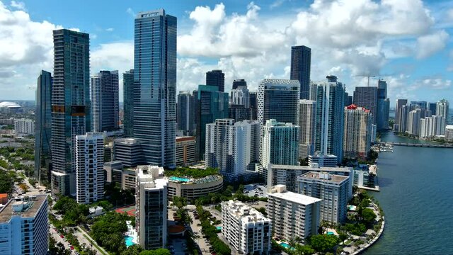 Aerial of South Point view of Brickell Downtown Miami zoom back