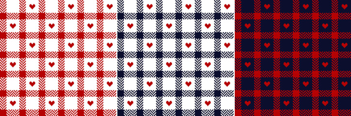 Tartan plaid pattern herringbone for Valentine's Day in red, white, navy blue. Seamless vichy check with pixel hearts in pink, grey, beige, white for modern spring summer autumn winter fashion design.