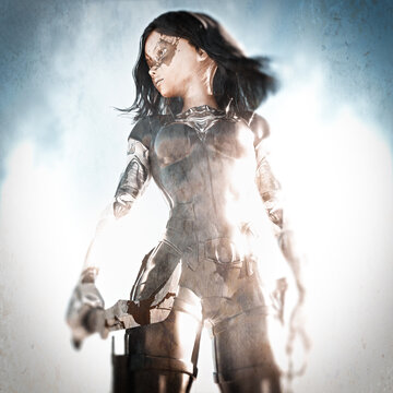 fantasy female cyborg warrior in hot desert environment with soft focus background 