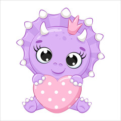Cute baby dinosaur with a heart. Cartoon vector illustration.