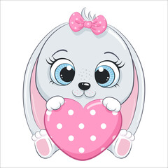 Cute baby bunny with a heart. Cartoon vector illustration.