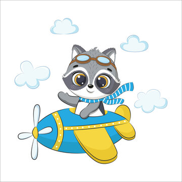 Cute baby raccoon is flying on a plane. Cartoon vector illustration.