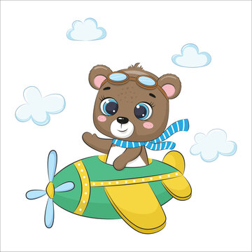 Cute baby bear is flying on a plane. Cartoon vector illustration.