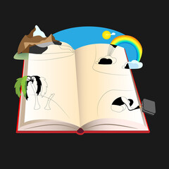 The concept of an open magic book,open pages with: rainbow, mountains, palm trees, and man.Vector cartoon style illustration.