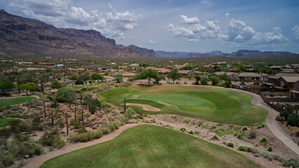 Fototapeta na wymiar A high definition aerial view of a golf course located in the southwestern United States.