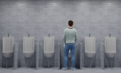 man peeing in a comfortable position Urinals in a long row 3d rendering - obrazy, fototapety, plakaty