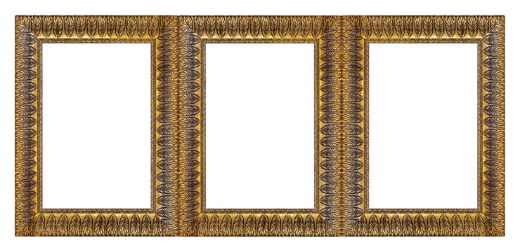 Triple golden frame (triptych) for paintings, mirrors or photos isolated on white background. Design element with clipping path