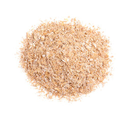 Pile of wheat bran on white background, top view