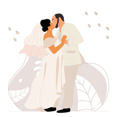 A groom in a beige tuxedo kisses his bride in a wedding dress with a hem and a long veil. Vector illustration of lovers.