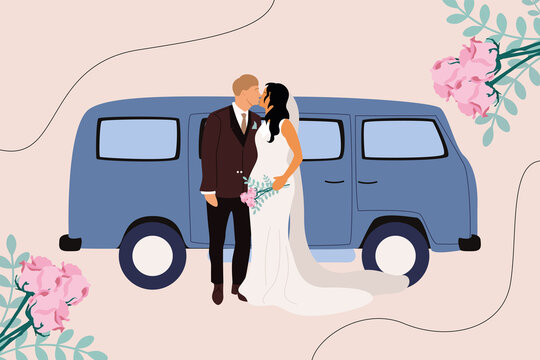 After the wedding, the newlyweds go on a honeymoon trip. Woman in wedding dress, man in tuxedo, retro blue bus