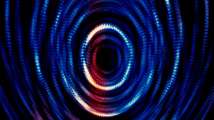 Abstract blue and red shiny particles forming rings and effect of deep tunnel. Motion. Colorful dots forming circles on black background.