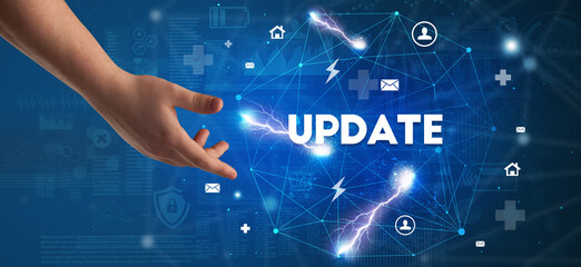 Hand pointing at inscription concept