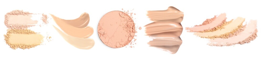 Set with different liquid foundation and face powder on white background. Banner design