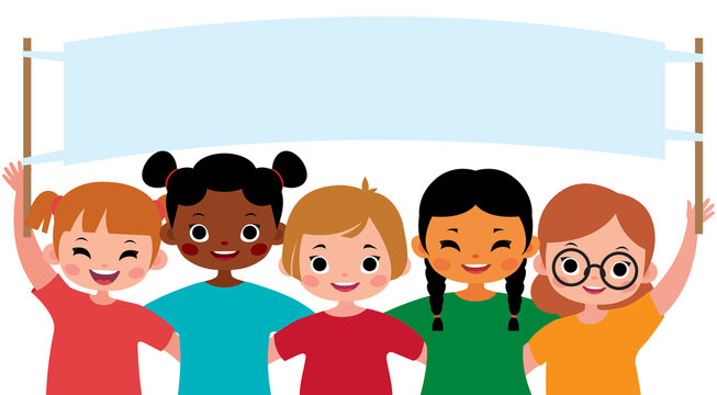 Multinational group of girl hugging and holding a blank poster. Friendship of children of the Caucasian, African American and Asian races. Vector illustration