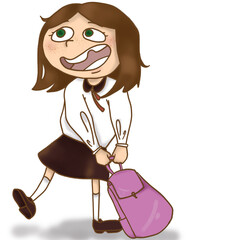 A bitmap image of a cheerful girl who goes to school with a backpack for the first time. Suitable for backgrounds, postcards, prints, posters, banners, greetings.