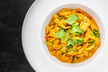 Gai Pad Pong Karee, Thai food, Stir Fried Chicken with Curry Powder in simple white ceramic plate on dark tone texture background, top view