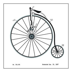 Fototapeta na wymiar Vintage big wheel bike vector. Vintage, Victorian patent graphic. Perfect for social media