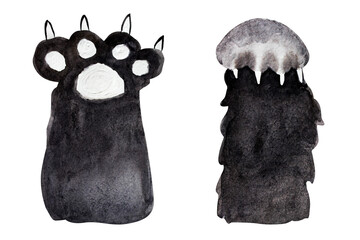 Cat black paw watercolor illustration. Template for decorating designs and illustrations.

