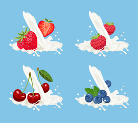 Milk or yogurt splash with strawberry, raspberry, blueberry and cherry. Vector illustration of fruit berry dairy dessert. Cartoon flat style.