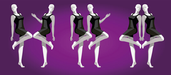 A pattern of female mannequins in a black dress.