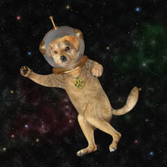 A beige dog astronaut wearing a space suit is in outer space.