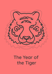 Tiger in chinese zodiac postcard with linear glyph icon. Animal sign cycle. Greeting card with decorative vector design. Simple style poster with creative lineart illustration. Flyer with holiday wish