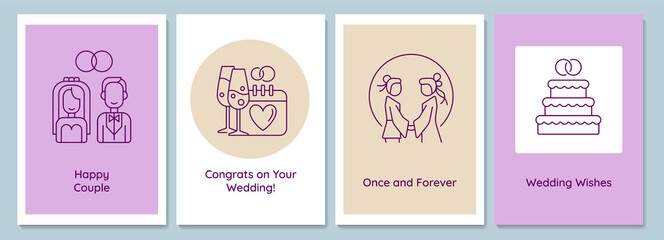 Married life beginning postcards with linear glyph icon set. Wedding day. Greeting card with decorative vector design. Simple style poster with creative lineart illustration. Flyer with holiday wish