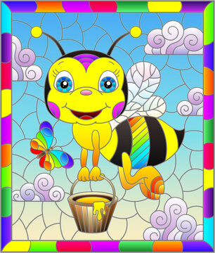 An illustration in the style of a stained glass window with a cute cartoon bee on a blue sky background, a rectangular image in a bright frame