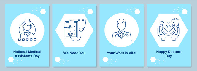 Medical assistants recognition day postcards with linear glyph icon set. Greeting card with decorative vector design. Simple style poster with creative lineart illustration. Flyer with holiday wish