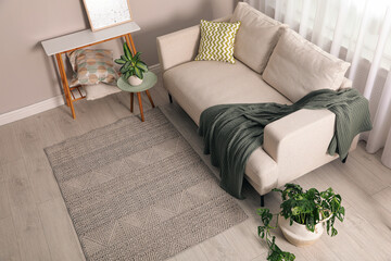 Living room interior with stylish rug and furniture, above view