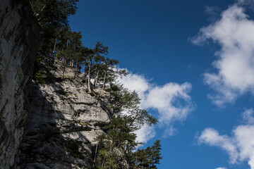 high rockface with trees and beautiful blue sky with clouds