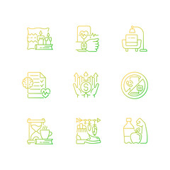 Modern lifestyle and health gradient linear vector icons set. Cozy interior. Minimalism. Mental wellbeing. Thin line contour symbols bundle. Isolated vector outline illustrations collection