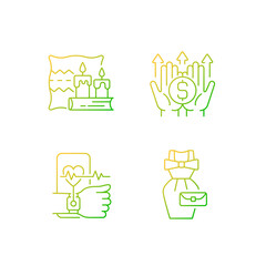 Lifestyle tendencies gradient linear vector icons set. Hygge life. Wealth building. Health tracking. Vintage fashion. Thin line contour symbols bundle. Isolated vector outline illustrations collection