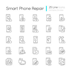 Smartphone repair linear icons set. Mobile phone renovate. Different type device problems. Customizable thin line contour symbols. Isolated vector outline illustrations. Editable stroke