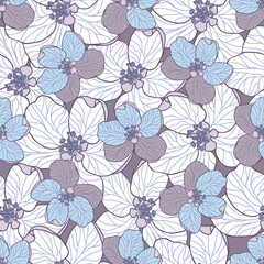 Fototapeta na wymiar Hand drawn Apple flowers in violet, blue and white. Modern floral seamless vector pattern suitable for fashion fabrics, wallpapers, curtains and upholstery.