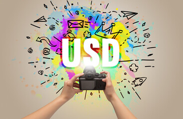 Close-up of a hand holding digital camera with abstract drawing