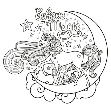 A unicorn with a long mane on a crescent moon. Inscription I believe in magic. Black and white linear drawing. For the design of coloring books, prints, posters, stickers, tattoos, postcards, etc. Vec