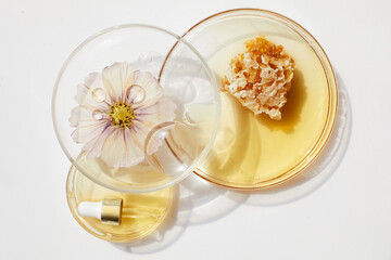 Abstract cosmetic laboratory. Chemical laboratory research. Nature cosmetics with honey.