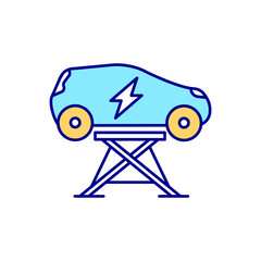 EV keeping blue RGB color icon. Electric vehicle maintenence. Repair equipment. Roadside assistance. Breakdown cover. Green car service. Isolated vector illustration. Simple filled line drawing