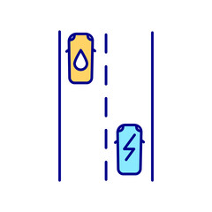 Electric vehicles lanes RGB color icon. EV shorter range that gas car. Comparison car capabilities. Hybrid automobile advantages. Isolated vector illustration. Simple filled line drawing