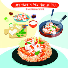 Tom yum kung fried rice and ingredients vector illustration.
Thai fusion food with prawn and herb, famous dish in Thailand.
Food illustration and ingredients vector.