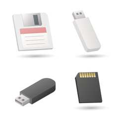 Floppy disk, memory card and usb stick. Data storage. Colored vector illustration. Isolated on white background.