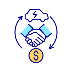 Electric vehicles resale RGB color icon. Second hand EV. Making deal. Buying car. Ownership solutions. Eco green enterprice. Isolated vector illustration. Simple filled line drawing