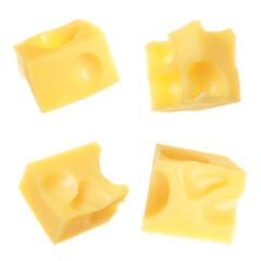 Pieces of delicious cheese on white background, collage