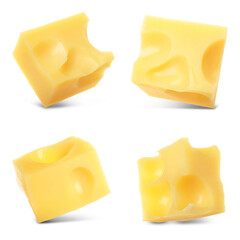 Pieces of delicious cheese on white background, collage